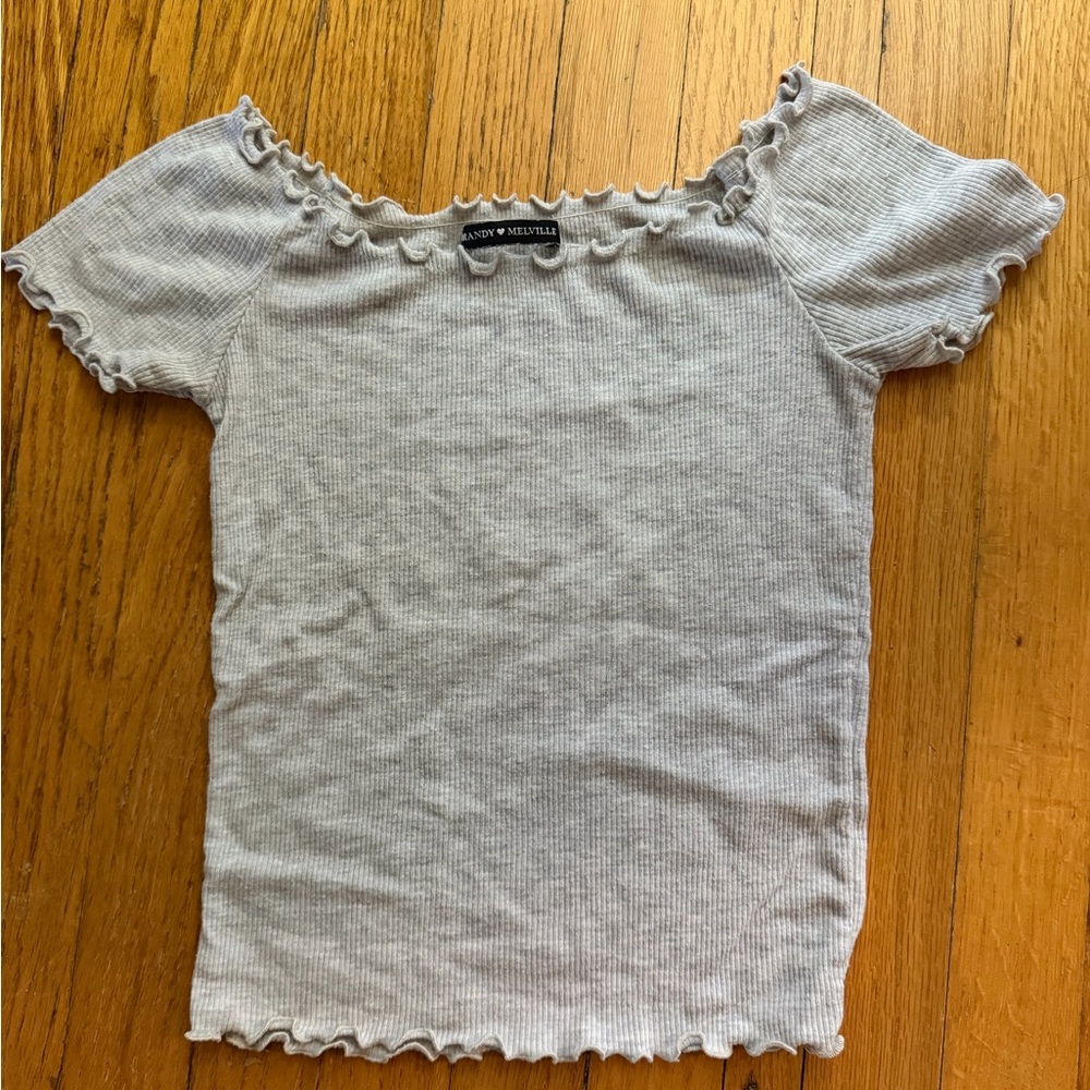 Brandy Melville Light Gray Ribbed Ruffle-Edge Short Sleeve Top